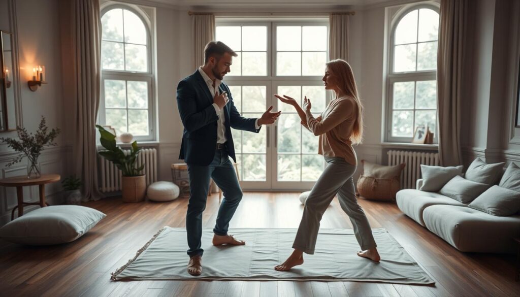 A serene and elegant setting featuring a couple engaged in intimate exercises to stimulate sexual desire. The foreground showcases the couple, dressed in comfortable yet professional clothing, practicing gentle movements that convey connection and harmony. The middle ground includes soft furnishings, like a cozy mat and cushions, surrounded by subtle decor, enhancing a warm, inviting atmosphere. In the background, large windows allow natural light to filter in, casting soft shadows and creating an editorial style. The mood is intimate and emotional, with organic expressions that reflect focus and tranquility. Use a soft focus effect to evoke a dreamy quality, capturing the essence of desire and connection without any explicit content.