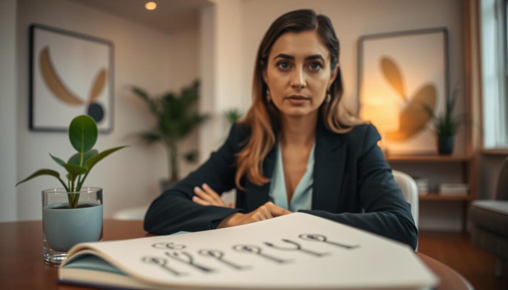 A serene indoor space with subtle warm lighting, featuring an elegant woman in professional attire, sitting at a cozy table with a notebook and a plant nearby, reflecting on personal growth in a relationship. In the foreground, focus on her expressive face, highlighting a moment of contemplation. The middle ground should include the notebook with sketches of growing plants symbolizing opportunities, creating a connection to the theme of growth. The background can feature soft, blurred shapes of abstract art, enhancing the intimate mood of the scene. Capture this with a shallow depth of field to emphasize her authentic emotional expression in an editorial style. The overall atmosphere should convey hope and the potential for relationships to evolve positively.