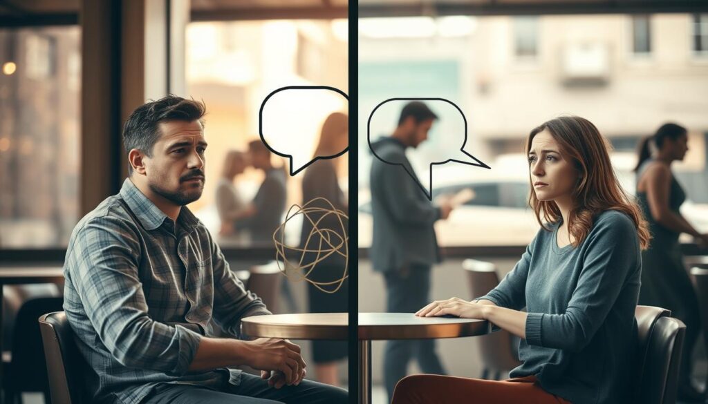 A split scene illustrating common communication errors in couples. In the foreground, a couple sits at a small table in a cozy cafe, both dressed in modest casual clothing, looking frustrated and disconnected; the man's body language is closed off while the woman appears exasperated. In the middle, a subtle divide represents misunderstandings, shown through an abstract pattern of tangled lines or blurred speech bubbles, symbolizing miscommunication. The background features a warm, softly lit urban environment, with blurred silhouettes of other couples, evoking a sense of intimacy and authenticity. Natural light streams through a window, casting soft shadows, enhancing the emotional depth and creating a reflective atmosphere. The focus is on the couple's expressions, capturing authentic emotions amidst the communication barriers.
