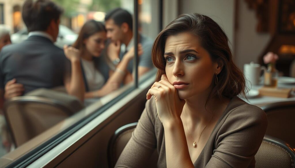 A thoughtful, elegant woman seated at a small café table, her expression reflecting a range of emotions—confusion, sadness, and introspection—as she gazes out of the window. The scene captures a close-up view, with soft, natural lighting illuminating her face, highlighting the authenticity of her feelings. In the background, slightly blurred, other couples can be seen, some displaying signs of disconnection, symbolizing toxic relationships. The overall atmosphere is intimate and contemplative, evoking a sense of vulnerability. The composition emphasizes the contrast between her solitude and the interactions around her, framed with a warm color palette to enhance the emotional depth of the moment.
