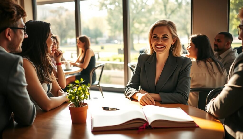 An elegant woman, dressed in professional business attire, sits at a sunlit café table, radiating confidence and warmth. Her authentic emotional expression reflects self-assurance and openness as she interacts with a diverse group of people around her, exchanging smiles and gestures of support. In the foreground, a small potted plant symbolizes growth, while a journal lies open, hinting at the practice of self-reflection. The middle ground captures the gentle bustle of the café, with soft natural light coming through large windows, creating an inviting atmosphere. In the background, a scenic view of a city park adds depth, emphasizing connection and community. The overall mood is intimate and uplifting, showcasing practical strategies for self-esteem and strengthening relationships.