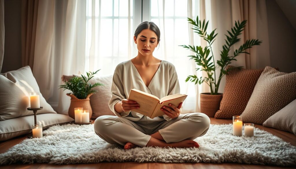 An elegant woman in a cozy, sunlit room, engaging in a self-care routine after a relationship breakup. She sits cross-legged on a plush rug, with a serene expression reflecting introspection and renewal. In her hands, she holds a journal, open to a page filled with thoughtful reflections. Surrounding her are candles flickering gently, a small plant in the background, and soft cushions that create an intimate atmosphere. The natural light filters through sheer curtains, casting a warm glow over the scene. The woman's attire is modest yet stylish, blending casual comfort with elegance. Capture the mood of self-discovery and emotional healing, with a focus on warmth, tranquility, and the beauty of personal growth.