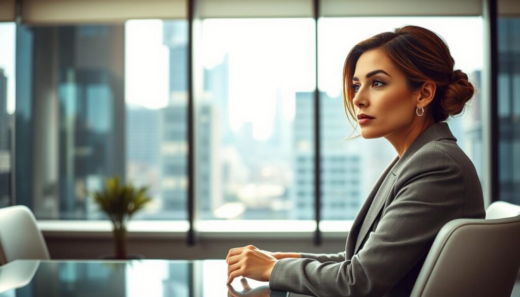 An elegant woman in a modern office space, dressed in professional business attire, sits thoughtfully at a sleek desk. In the foreground, her focused expression captures the essence of navigating contemporary relationship challenges. The middle ground features a large window with natural light pouring in, illuminating the scene and creating reflections on glass surfaces. In the background, city skyline views symbolize modernity and change, suggesting the fast pace of today's world. The mood is intimate yet contemplative, highlighting the emotional weight of modern connections. Utilize an editorial style with soft lighting and a shallow depth of field to draw attention to her authentic emotional expression while gently blurring the busy city beyond. Aim for a warm and inviting color palette.