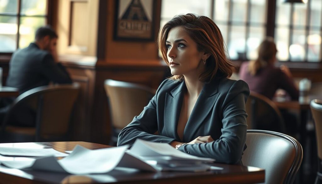 An elegant woman in a professional business suit, seated at a well-lit café table, gazes thoughtfully into the distance, her expression reflecting deep introspection. In the foreground, scattered papers are visible, symbolizing the weight of choices and consequences. In the middle ground, soft natural light filters through the window, casting gentle shadows and enhancing the intimate atmosphere. The background features blurred silhouettes of other patrons, representing the ever-present context of relationships and the dynamics of betrayal. The overall mood is contemplative and emotional, capturing the complexities of trust and timing in human connections. The composition conveys a sense of vulnerability and authenticity, inviting viewers to ponder the intricacies of infidelity and its temporal dynamics.