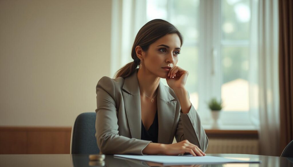 An elegant woman in a professional setting, seated thoughtfully at a table, reflecting the complexities of female sexual health. She is wearing modest, stylish business attire that conveys professionalism. The background features soft, natural light streaming through a window, creating a warm, intimate atmosphere. In the middle ground, subtle imagery suggests balance and imbalance, such as a scale or symbolic representations of emotions and desire. The focus is on her authentic emotional expression, capturing contemplation and insight. Shot from a slightly elevated angle to convey depth and understanding, the overall mood is introspective and inviting, suitable for an editorial context.