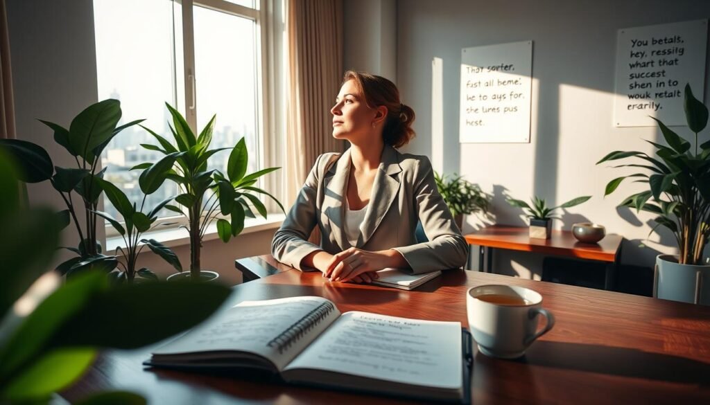 An elegant woman in a serene office setting, wearing professional business attire, is sitting at a polished wooden desk. She gazes thoughtfully out a large window, bathed in soft, natural light that casts delicate shadows across the room. In the foreground, an open notebook with handwritten notes and a cup of herbal tea reflect her strategy for emotional control. In the middle ground, lush indoor plants contribute to a calming atmosphere, while motivational quotes are subtly displayed on the walls. In the background, city skyline views enhance the sense of introspection and growth. The overall mood is intimate and reflective, emphasizing the importance of emotional balance and self-awareness.