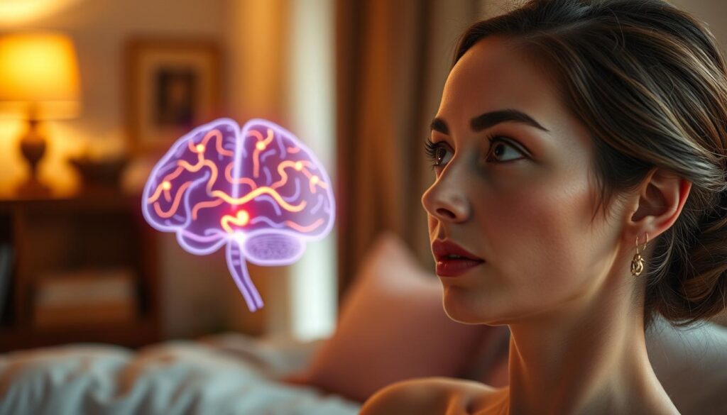 An elegant woman in a softly lit, intimate room, representing the neurobiological roots of love. She gazes thoughtfully at a visually stimulating brain illustration, which glows subtly to symbolize the emotional aspects of falling in love. The foreground features her expressive face, capturing authentic emotions of wonder and tenderness. In the middle ground, the brain illustration includes intricate neural pathways highlighted in warm colors to evoke feelings of passion and connection. The background is softly blurred with cozy, warm-toned decor that enhances the intimate mood. The image should convey a sense of depth and warmth, focusing on the merging of science and emotion in the experience of love.