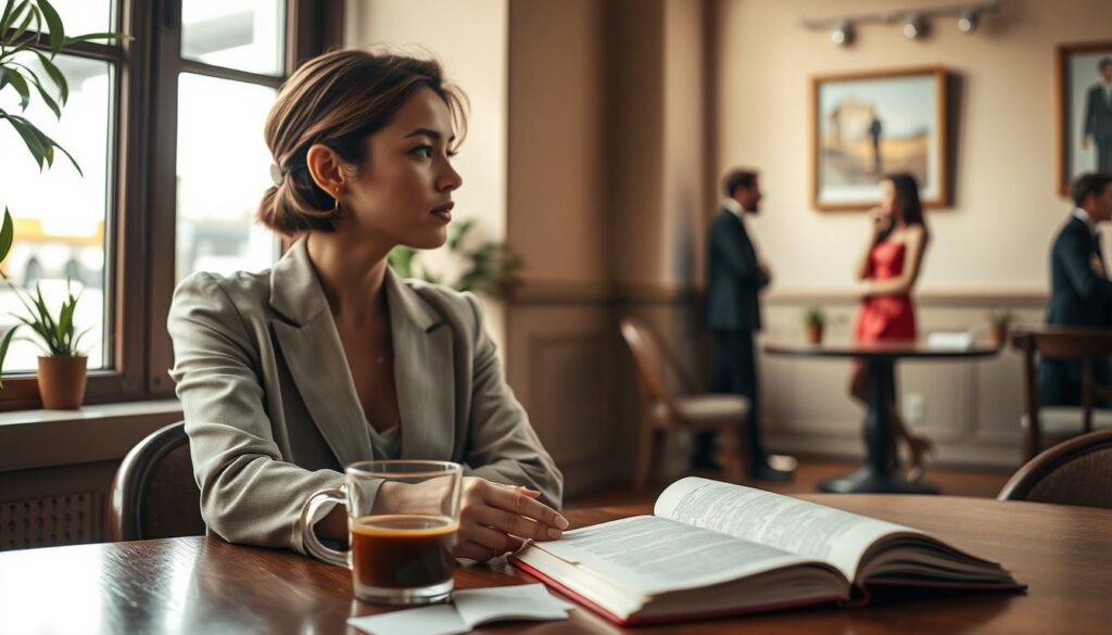 An elegant woman in a sophisticated, yet casual, outfit sits at a table in a cozy café, deep in thought. She gazes out of a large window, where soft, natural light filters in, illuminating her contemplative expression. In the foreground, a half-empty cup of coffee and an open notebook with scattered papers reflect her inner turmoil. In the middle ground, blurred figures of couples engaged in conversation hint at intimacy, contrasting her solitary moment. The background features a warm, inviting café interior with plants and subtle artwork on the walls, enhancing the intimate mood. The scene captures a sense of vulnerability and contemplation about the complexities of betrayal, depicted with an editorial style and soft focus to evoke authentic emotions.