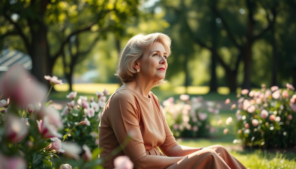 An elegant woman in her 40s sitting in a sunlit park, reflecting thoughtfully as she gazes out at a serene landscape. Her attire is a stylish, modest dress that conveys confidence and sophistication. The foreground captures her gentle expression, highlighting her authenticity and the emotional depth of personal reflection. In the middle ground, blooming flowers and lush greenery envelop her, symbolizing growth and new beginnings. In the background, soft sunlight filters through the trees, creating a warm, intimate atmosphere. The scene is framed to emphasize her connection with nature, using a shallow depth of field to give a dreamy quality. The overall mood is serene and contemplative, showcasing the beauty of self-awareness and emotional growth after 40.