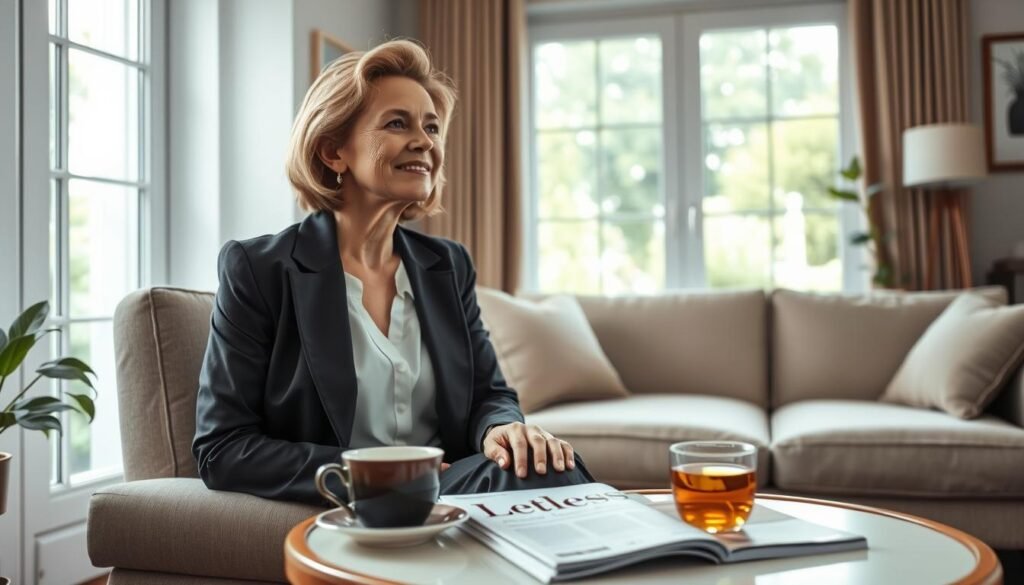 An elegant woman in her 50s, exuding confidence and contentment, sits in a cozy, softly lit living room. She is dressed in professional business attire, radiating a sense of empowerment and self-assuredness. The foreground features a small table with a cup of herbal tea and a lifestyle magazine focused on wellness and self-care. In the middle ground, the woman gazes thoughtfully out of a large window, allowing natural light to flood the space, creating a warm, inviting atmosphere. The background includes a serene garden, visible through the window, symbolizing growth and vitality. The mood is introspective yet uplifting, capturing an authentic emotional expression that reflects personal freedom and fulfilling relationships. The overall composition should have an editorial style with a soft focus.