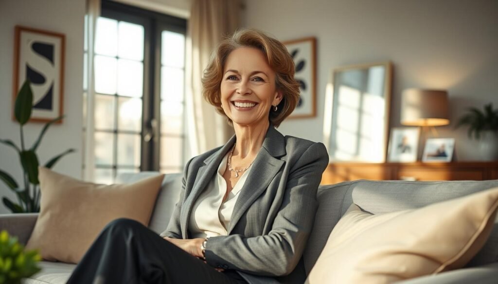 An elegant woman in her 50s sitting comfortably in a cozy, well-lit living room, dressed in professional business attire. She has a warm and inviting smile, reflecting confidence and openness. Surrounding her are elements that represent intimacy and personal growth: soft cushions, a couple of books on relationships, and a small indoor plant. The soft, natural light filters through a nearby window, creating a serene atmosphere. In the background, subtle artwork and photos promote a sense of life experience and wisdom. The overall mood is calm and uplifting, capturing the essence of embracing sexuality and personal freedom at this stage of life, shot with a warm, editorial style.