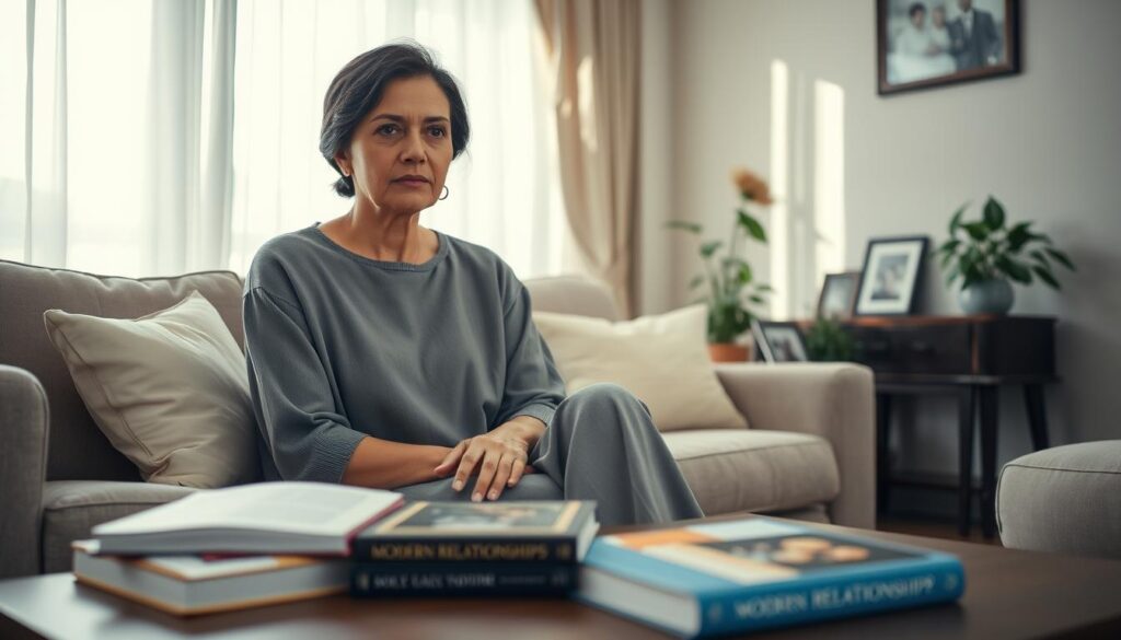 An elegant woman in modest casual clothing, seated comfortably in a cozy, well-lit living room, reflecting on her relationships and societal pressures. She has an authentic emotional expression, showcasing contemplation and strength. In the foreground, a coffee table with books about modern relationships and family dynamics. In the middle ground, soft natural light pours in through a window adorned with light curtains, casting gentle shadows. The background features a tasteful arrangement of family photos and plants, symbolizing the traditional familial roles she navigates. The atmosphere is intimate and introspective, capturing the essence of emotional freedom amidst social expectations. Use an editorial style with a shallow depth of field to focus on the woman, creating a warm, inviting mood.
