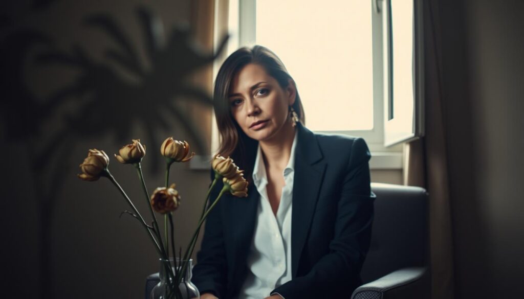 An elegant woman in professional attire sits in a softly lit room, reflecting the emotional toll of a toxic relationship. Her expression is a mix of sadness and contemplation, capturing the essence of emotional distress. In the foreground, a delicate vase of wilted flowers symbolizes her deteriorating mental health. The middle ground features a partially open window, allowing natural light to filter in, creating a warm yet somber atmosphere. In the background, blurred shadows of chaotic, abstract shapes represent the turmoil and confusion associated with toxic relationships. The overall mood is intimate and reflective, with an editorial style that emphasizes the seriousness of the subject matter, inviting viewers to connect with the emotional weight of the image.
