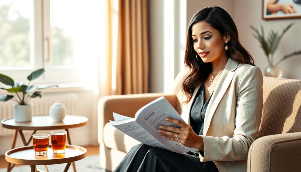 An elegant woman in professional attire sits in a softly lit therapy room, surrounded by warm, welcoming colors. In the foreground, she engages thoughtfully with a cognitive-behavioral therapy workbook, her face reflecting an authentic emotional expression of contemplation and hope. In the middle, a modern yet cozy couch invites comfort, while a small table nearby holds a calming cup of herbal tea and a plant, adding a touch of nature. The background features a serene window, allowing natural light to pour in, casting gentle shadows that enhance the intimate mood. The overall atmosphere is supportive and reflective, emphasizing the transformative journey of overcoming the fear of love through cognitive-behavioral therapy.