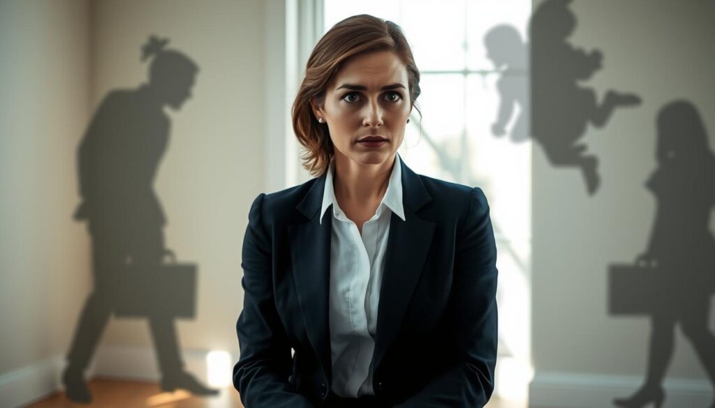 An elegant woman in professional attire, sitting alone in a softly lit room, surrounded by shadowy abstractions symbolizing emotional entrapment and toxicity. Her expression reflects a mix of determination and uncertainty, showcasing an authentic emotional struggle. The natural light streaming through a nearby window casts gentle shadows, enhancing the intimate mood of the scene. In the background, vague silhouettes represent the chaotic nature of toxic relationships, suggesting a sense of isolation despite the presence of those forms. The overall composition should evoke feelings of vulnerability and resilience, captured with a shallow depth of field in an editorial style, focusing on the woman's thoughtful gaze.