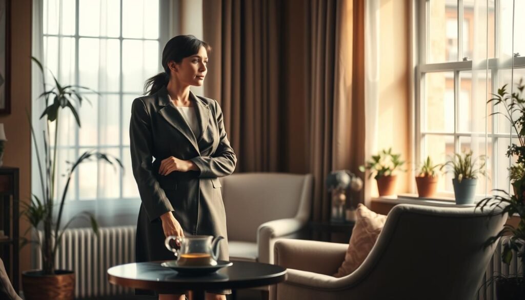 An elegant woman in professional attire stands in a softly lit interior, reflecting an intimate mood. She gazes thoughtfully out of a large window, her expression conveying a mixture of vulnerability and strength, embodying the theme of emotional dependence. The foreground features a small table with a cup of tea, symbolizing self-care. In the middle ground, a cozy armchair rests beside the woman, creating a sense of warmth and solace. The background is filled with delicate houseplants and warm-toned walls, enhancing the calm atmosphere. Natural light filters through the window, casting gentle shadows and highlighting her authentic emotional expression. The overall ambiance of the scene invites reflection on the underlying causes and origins of emotional dependency.