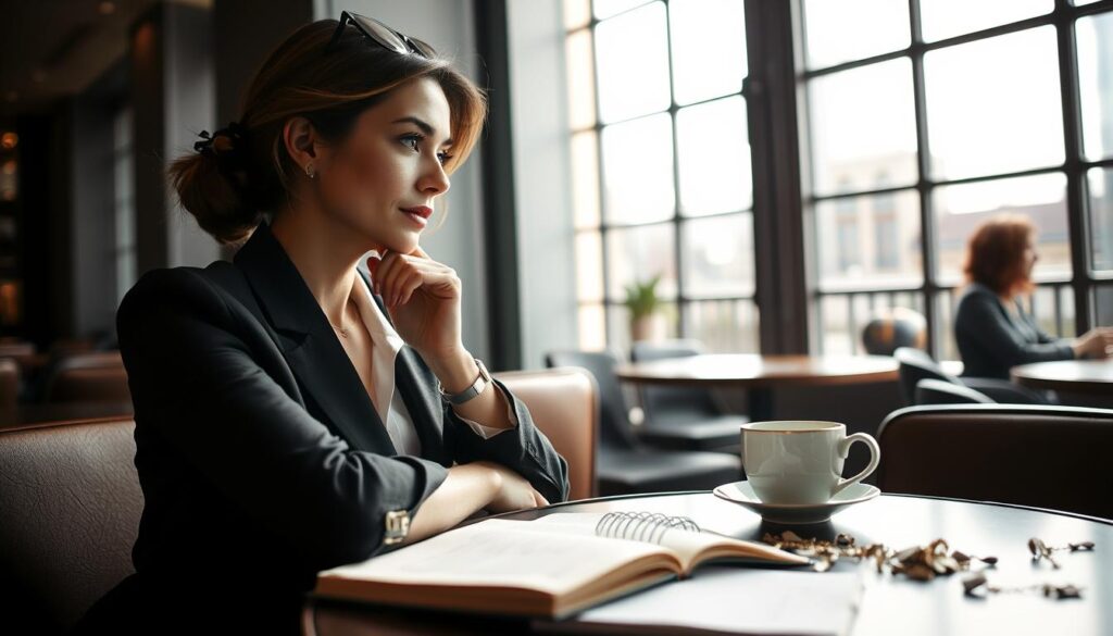 An elegant woman in professional business attire sits thoughtfully at a stylish, modern café table, her gaze directed toward the window as she contemplates her reflections on relationships. The foreground captures the delicate details of her expression, showcasing authentic emotions and introspection. In the middle ground, elegant coffee cups and an open notebook with scattered notes symbolize her exploration of psychological causes and recurring behaviors in relationships. The background features soft, natural light filtering through large windows, creating an intimate and contemplative atmosphere. The overall composition exudes a sense of serenity and depth, capturing the complexities of emotional connections and personal growth without any distractions. The scene is shot from a slightly elevated angle, enhancing the feeling of introspection and authenticity in this editorial style image.