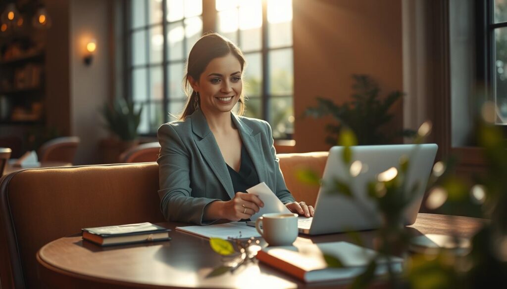 An elegant woman seated at a cozy café table, representing the freedom of a single lifestyle. She is dressed in professional business attire, exuding confidence and contentment while working on her laptop, surrounded by notes and a steaming cup of coffee. The foreground features warm, inviting colors that enhance the intimate mood. In the middle ground, a few scattered books and plants add to the scene’s vibrancy. In the background, natural light pours through large windows, creating a soft glow and casting delicate shadows. The atmosphere reflects a sense of opportunity and contemplation, capturing the essence of an empowered single navigating life's challenges and chances. The composition is framed in a slightly angled perspective, providing depth and inviting the viewer into the moment.