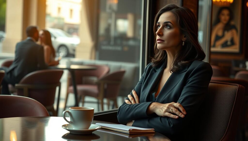 An elegant woman sitting alone in a softly lit café, gazing thoughtfully out the window, conveying a sense of introspection and vulnerability. Her expression reflects feelings of uncertainty and low self-esteem in relationships. She is dressed in modest, professional attire, and her posture is relaxed yet contemplative. The foreground features a cup of coffee and a notepad, symbolizing self-reflection. In the middle, the café's warm, inviting ambiance enhances her emotional state, with gentle light streaming in from the window casting soft shadows. The background includes blurred figures of couples enjoying their time together, subtly illustrating contrast. The overall mood is intimate and contemplative, capturing the essence of self-exploration regarding esteem and love.