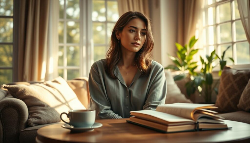 An elegant woman sitting in a cozy, sunlit room, surrounded by soft, natural light filtering through large windows. She is dressed in modest, stylish casual attire that reflects her inner calm. Her expression is contemplative and serene, capturing a moment of authenticity and introspection. In the foreground, a small wooden table holds a steaming cup of tea and an open journal, inviting a sense of connection with her inner life. The middle layer features warm, inviting colors and plush furnishings that embody intimacy. In the background, gentle plants add a touch of nature, symbolizing growth and the importance of nurturing relationships. The overall mood is peaceful and reflective, conveying the essence of authentic relationships and the richness of inner life. The composition is shot in an editorial style, emphasizing emotional depth with a softly blurred focus.