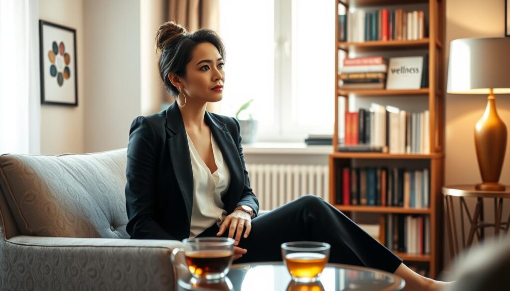 An elegant woman sitting in a modern, tastefully decorated room, reflecting on her thoughts about sexual well-being. She is dressed in smart casual attire, exuding confidence and authenticity. The foreground features a soft armchair and a small table with a cup of herbal tea, symbolizing self-care. In the middle ground, a cozy bookshelf filled with books on wellness and relationships adds depth to the scene. The background is softly blurred, showcasing a window with natural light pouring in, casting gentle shadows. The atmosphere is intimate and contemplative, evoking a sense of serenity. The lighting is warm and inviting, creating an editorial style that enhances the woman's authentic emotional expression.