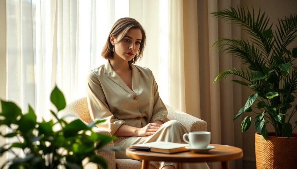 An elegant woman sitting in a softly lit room, her expression a blend of contemplation and vulnerability. She wears a modest, professional outfit, the fabric flowing gently around her. In the foreground, a small table holds a journal and a cup of tea, symbolizing introspection and emotional exploration. The middle ground features lush plants that add a touch of nature, while in the background, soft sunlight filters through sheer curtains, creating a warm, inviting ambiance. The overall atmosphere is intimate and reflective, evoking a sense of understanding and support for psychological blocks in sexuality. The image should capture the essence of healing and emotional growth, focusing on the woman's authentic emotional expression, emphasizing a calm and serene mood.