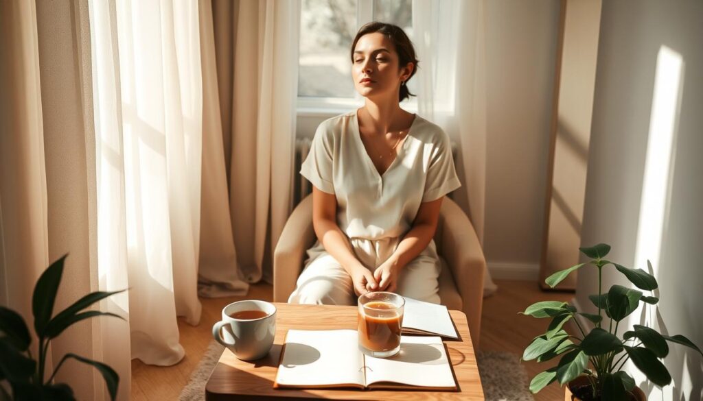 An elegant woman sitting peacefully in a sunlit room, surrounded by soft, natural light that filters through sheer curtains, creating a warm and intimate atmosphere. She is dressed in modest casual clothing, reflecting tranquility and self-contentment. In the foreground, a small wooden table holds a steaming cup of tea and a journal, symbolizing personal reflection and growth. The middle ground features potted plants, adding a touch of nature and life. In the background, gentle shadows play along the walls, enhancing the serene mood. The overall composition should evoke feelings of solitude as a nurturing space, encouraging self-discovery and recharging, with an editorial style that captures authentic emotional expression.