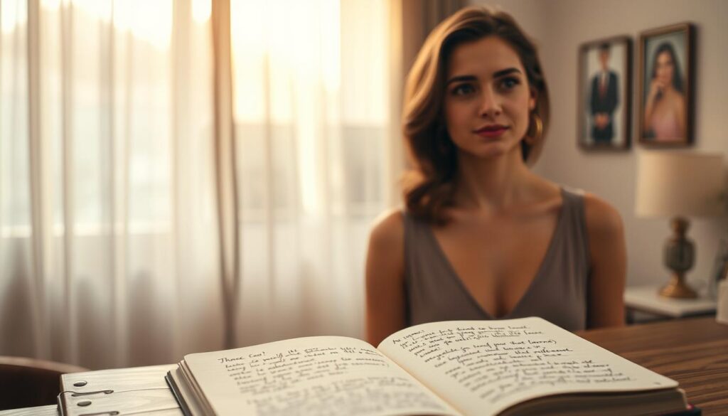 An elegant woman stands in a softly lit room, her gaze contemplative as she reflects on her past relationships. In the foreground, a delicate notebook rests on a wooden table, its pages open to reveal handwritten notes about lessons learned and personal values reassessed. In the middle ground, a gentle sunlight filters through sheer curtains, casting warm light on the woman's face, highlighting her authentic emotional expression as she embodies resilience and introspection. In the background, blurred images of memories—like photographs in frames—symbolically illustrate past errors and the journey of self-discovery. The atmosphere is intimate and serene, evoking a sense of hope and growth, captured in an editorial style that emphasizes emotional depth and vulnerability.