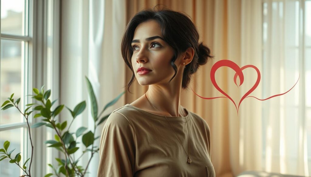 An elegant woman with an authentic emotional expression, standing in a softly lit room. She wears modest, stylish clothing that conveys a sense of confidence and comfort. The foreground features her gazing thoughtfully out of a window, as vibrant greenery from plants is visible. In the middle ground, abstract representations of interconnected hearts and fluid shapes symbolize the concept of anarchic love and modern relationships, harmonizing with the theme of transformation. The background showcases a warm, inviting atmosphere with natural light filtering through sheer curtains, casting gentle shadows, creating an intimate and contemplative mood. The overall composition feels editorial, highlighting the beauty and depth of evolving relational models.