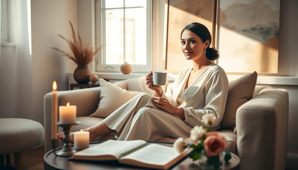 Elegant woman in a cozy, warmly lit room, sitting on a soft sofa while holding a cup of tea, appearing contemplative yet calm. In the foreground, a small table with a journal open, surrounded by calming candles and a few blooming flowers, inviting a sense of peace and reflection. The middle ground features a large window letting in natural light, casting gentle shadows, enhancing the serene atmosphere. In the background, soft abstract art creates an intimate, personal space. The woman wears modest, elegant casual attire, showcasing an authentic emotional expression of hope and thoughtfulness. The composition emphasizes a tranquil, introspective mood, perfect for illustrating daily strategies to manage fear in love, with an editorial style that captures the essence of self-discovery.