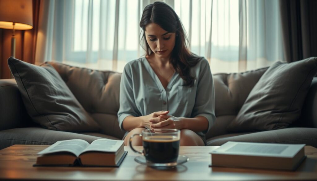 Elegant woman sitting on a plush couch in a warmly lit room, her expression a mix of contemplation and sadness, reflecting the emotional weight of a relationship crisis. The foreground features her in modest casual clothing, with her hands gently clasped in her lap. In the middle, a coffee table with a half-filled cup of coffee, symbolizing unanswered questions, surrounded by soft, well-worn books. The background displays a cozy setting with subtle ambient lighting filtering through gauzy curtains, casting a soft glow that enhances the intimate mood. The overall atmosphere is reflective and introspective, inviting viewers to connect with the emotional depth of the situation. The composition captures the authenticity of human emotion, emphasizing the complexities of relationships.