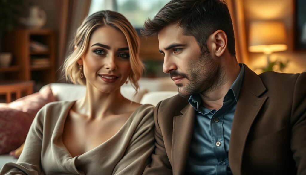 A close-up of an elegant couple sitting closely together, showcasing authentic emotional expressions of connection and intimacy. The woman wears a modest, stylish outfit, while the man is in professional attire, both adorned in subtle, earthy tones that complement the soft natural light illuminating their faces. In the background, a cozy, inviting room with warm colors hints at an intimate atmosphere, enriched by plush furnishings and soft textures. The focus is on their expressions, capturing a moment of shared motivation and emotional depth, with a slight bokeh effect to isolate them from the backdrop, emphasizing their bond. The overall mood is warm, inviting, and deeply emotional, reflecting the themes of intimacy and connection within relationships.