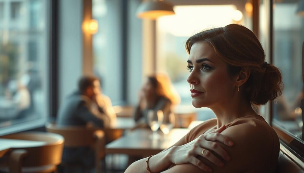 A close-up of an elegant woman with a subtle yet intense expression, sitting in a softly lit modern cafe. Her body language is tense, with crossed arms and a furrowed brow, evoking signs of pathological jealousy. The foreground captures her thoughtful gaze directed outside the window, while the middle ground features blurred figures of other couples engaging in conversation, highlighting her feeling of isolation. The background includes warm, natural light filtering through large windows, creating an intimate atmosphere. The image should have a shallow depth of field, focusing on her face while softly blurring the surroundings, enhancing the emotional weight of the moment. The overall mood is intense yet subtle, inviting viewers to contemplate the underlying emotions of jealousy in relationships.