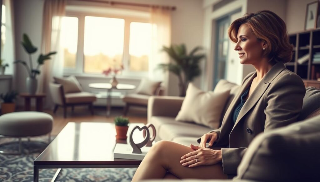 A serene and intimate scene capturing the elements of a lasting relationship. In the foreground, an elegant woman sits on a comfortable sofa, dressed in chic business attire, her authentic emotional expression reflecting warmth and connection. The middle ground features a coffee table adorned with symbols of love such as intertwined hands or a small potted plant, signifying growth and nurturing. The background reveals a softly lit room with large windows, allowing natural light to pour in, casting gentle shadows. The overall mood is inviting and reflective, suggesting deep emotional bonds and mutual respect. The composition is styled in an editorial manner, emphasizing intimacy and maturity in relationships, with a focus on details that highlight connection.