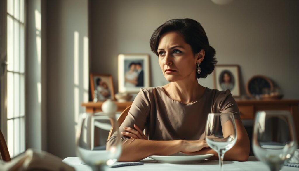 A serene, elegant woman sitting at a beautifully set dining table, looking contemplative, with a slight frown that hints at emotional turmoil. Soft, natural light filters in through a nearby window, casting gentle shadows that enhance the intimate mood. In the background, a dimly lit room suggests a sense of nostalgia, with family photos slightly out of focus, symbolizing a life once cherished. The woman is dressed in modest yet sophisticated attire, exuding grace and strength. The composition captures her authentic emotional expression as she silently contemplates the signals and causes of marital crisis, inviting viewers to connect with her experience. The image is framed with a shallow depth of field, emphasizing her presence amidst the subdued background.