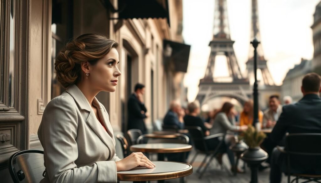 An elegant woman dressed in a sophisticated outfit, sitting at a small round table in a charming Parisian café. She gazes thoughtfully out onto a cobblestone street, with classic Parisian architecture lining the background. Soft, natural light spills gently onto the scene, highlighting her authentic emotional expression as she enjoys her afternoon. In the middle ground, other patrons converse quietly, creating a lively yet intimate atmosphere. In the background, the Eiffel Tower looms gracefully against a soft, pastel sky, embodying the essence of Paris. The composition captures a warm, romantic mood reminiscent of both courtly life and the vibrant culture of the city. The scene is shot at eye level using a shallow depth of field, enhancing focus on the woman while gently blurring the background for a dreamy effect.
