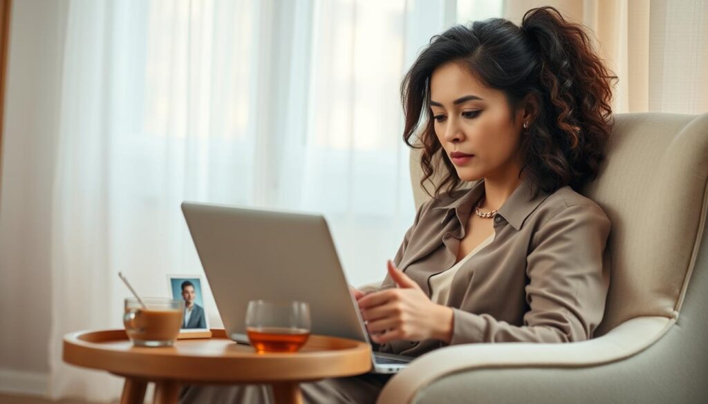 An elegant woman in a cozy, softly lit room sits alone on a plush armchair, gazing thoughtfully at her laptop. She is dressed in comfortable yet professional attire, reflecting a sense of introspection as she navigates her emotions regarding a long-distance relationship. The foreground features her gentle, authentic emotional expression, with a faint hint of melancholy in her eyes. In the middle ground, a small wooden table holds a cup of tea and a photograph of her partner, symbolizing connection despite distance. The background showcases a softly blurred window with warm natural light streaming in, creating an intimate and serene atmosphere. The overall mood is reflective and tender, capturing the challenges and emotions of maintaining a relationship across miles.
