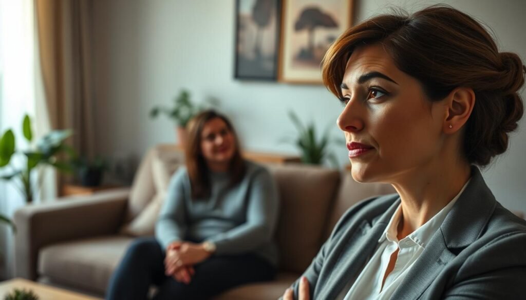 An elegant woman in a cozy, well-lit living room setting, expressing authentic emotions as she engages in a heartfelt conversation with her partner. The foreground features a close-up of her thoughtful expression, wearing professional business attire, with soft, natural light illuminating her face. In the middle, her partner sits across from her, attentively listening, also dressed in modest casual clothing. The background showcases a warm, inviting environment with plants and personal touches that reflect growth and intimacy. The overall mood is intimate and reflective, evoking a sense of connection and emotional management within a mature relationship. The image should have a soft focus to enhance the editorial quality and intimate atmosphere.