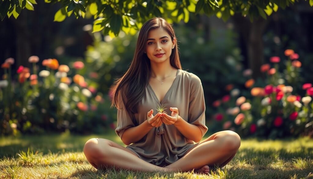An elegant woman in a serene environment, sitting cross-legged on a soft grass patch, with a gentle sunlight filtering through the leaves above, creating a warm and inviting atmosphere. She is dressed in modest, casual attire, reflecting a sense of calm and self-assurance. In her hands, she holds a small plant, symbolizing personal growth and self-esteem. The background features a lush garden filled with vibrant flowers, representing flourishing potential. The composition uses a shallow depth of field, drawing focus to her authentic emotional expression of determination and tranquility. The overall mood of the image is intimate and uplifting, capturing the essence of personal development and inner strength.