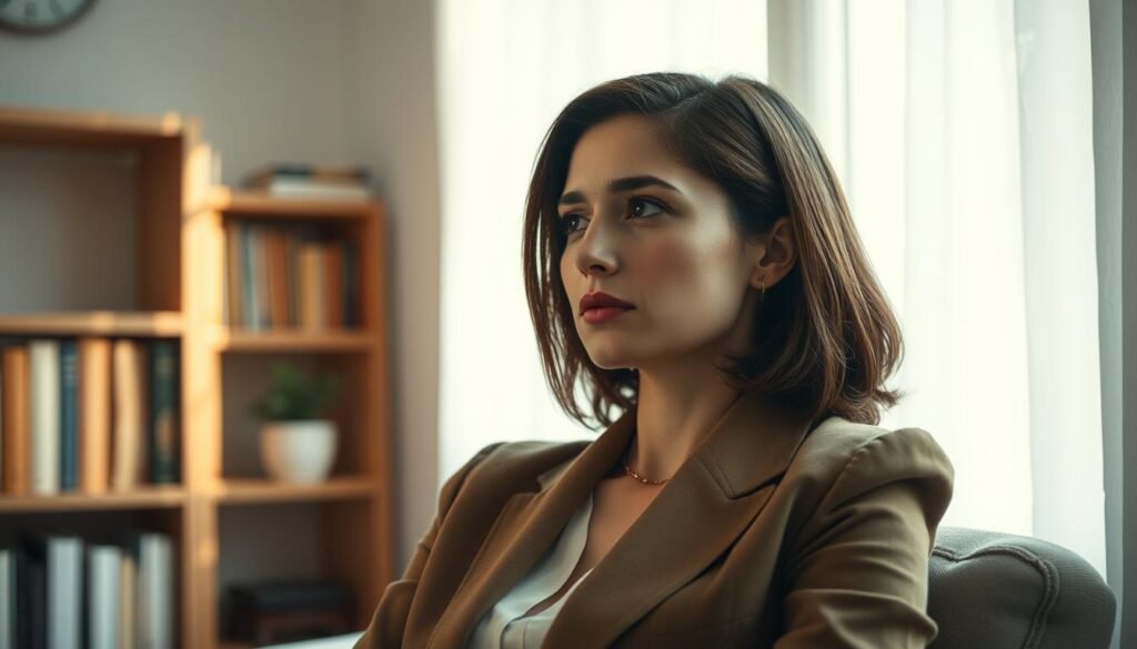 An elegant woman in a serene indoor setting, clad in modest, professional attire, sits alone on a comfortable chair with a contemplative expression. Her gaze reflects vulnerability and introspection, embodying the symptoms of monophobia and anuptophobia. Soft, natural light filters through a nearby window, casting a warm glow that enhances the intimate mood of the scene. In the background, subtle hints of a cozy environment—a bookshelf lined with confident literature, a small potted plant—suggest comfort yet also solitude. The focus is on the woman, captured in a close-up shot to emphasize her authentic emotional expression. The overall atmosphere is reflective and soothing, creating a visual narrative of fear intertwined with moments of strength and resilience.