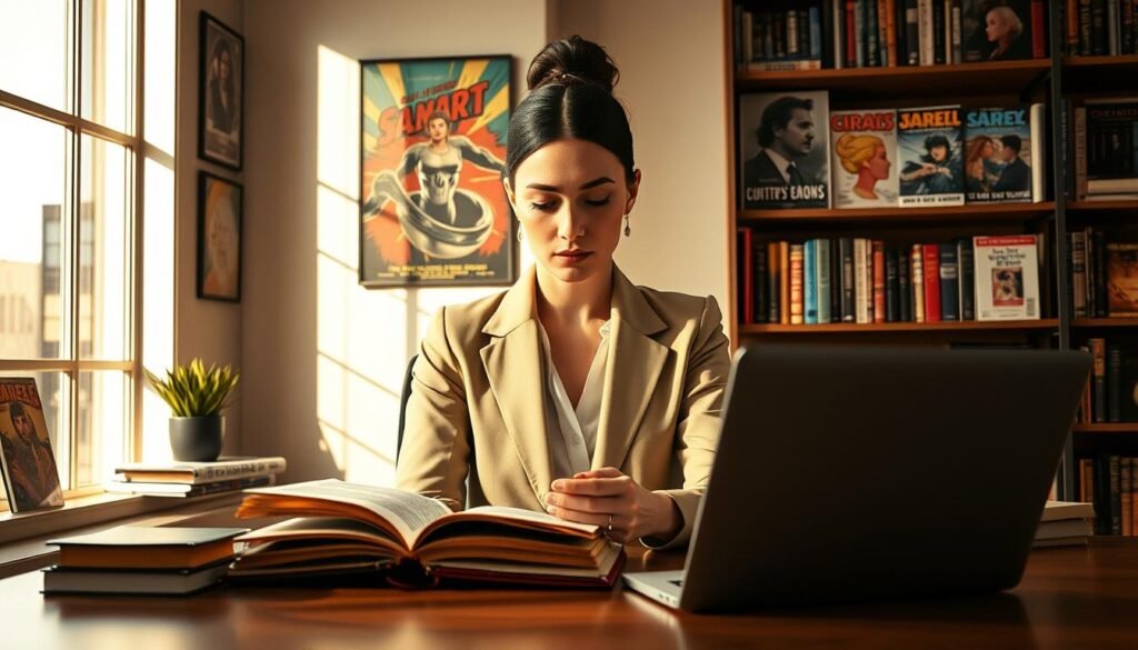 An elegant woman in professional attire sits at a modern desk immersed in reading a classic novel, capturing the essence of contemporary reinterpretations of literature. The foreground features her thoughtful expression, illuminated by warm, natural light filtering through a large window. Surrounding her are elements of pop culture, such as artfully arranged comic books and vibrant movie posters on the walls. In the middle ground, an open laptop displays a digital version of a literary work, blending traditional education with modern technology. The background showcases a cozy yet stylish bookshelf filled with both classic literature and modern pop culture artifacts. The overall mood is intimate and reflective, evoking the journey of emotional education through the lens of modern reinterpretations.
