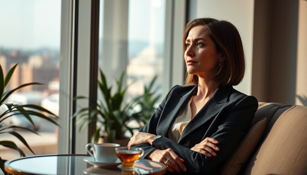An elegant woman in professional attire sits comfortably in a cozy, softly lit room, her expression reflecting a mix of vulnerability and contemplation. She gazes out of a large window, with natural light illuminating her features, casting gentle shadows that enhance her emotional intensity. In the foreground, a small table holds a cup of tea, symbolizing comfort and introspection. In the background, blurred images of a cityscape suggest an external world, while plants create a warm, intimate atmosphere. The editorial style captures an authentic emotional expression, emphasizing the complexities of feminine jealousy, characterized by longing and introspection. The mood is intimate, inviting the viewer to connect with her inner feelings and reactions.