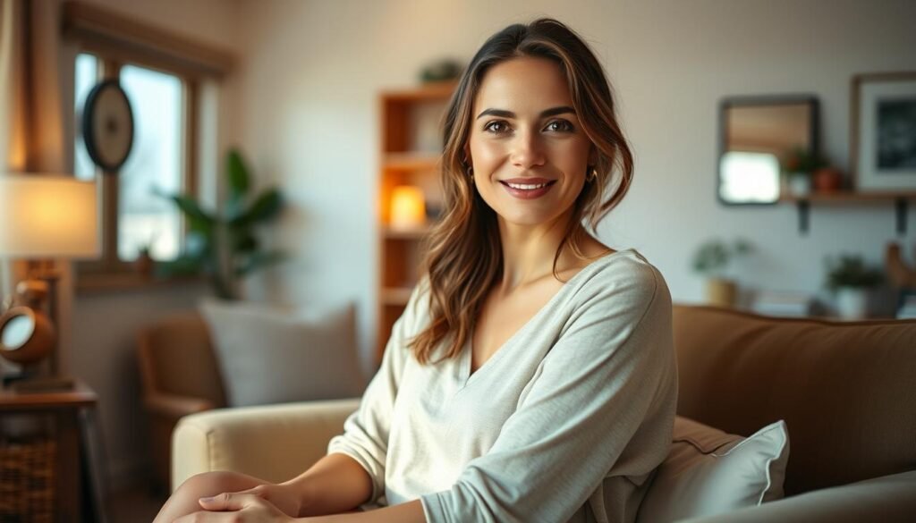 An elegant woman seated in a cozy, softly lit room, exuding warmth and intimacy. She is dressed in modest casual attire, embodying a natural and authentic emotional expression. The foreground captures her gentle smile and inviting demeanor, symbolizing the connection between body and emotion. In the middle ground, a warm-toned, tastefully decorated interior with subtle hints of nature, such as house plants or soft textures, enhances the intimate atmosphere. The background is softly blurred, focusing attention on her while maintaining elements of comfort and serenity. The lighting is natural, casting gentle shadows that evoke a soothing and welcoming mood, perfectly aligning with the exploration of emotional intimacy.