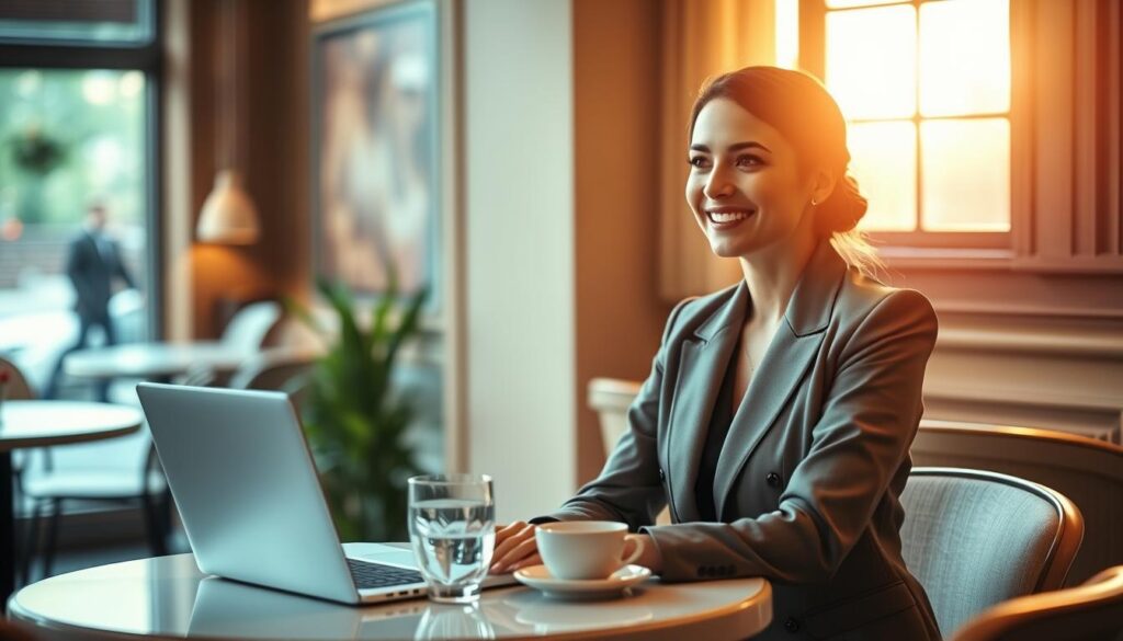 An elegant woman sits at a beautifully arranged table set for two, surrounded by warm, natural light filtering through a nearby window. She is dressed in modest yet stylish business attire, exuding professionalism and grace. In front of her, a laptop is open, with a digital calendar displayed, indicating thoughtful planning for quality time together. In the background, soft, blurred images of a cozy café create a welcoming atmosphere. The overall mood is intimate and inviting, reflecting the emotional connection of long-distance relationships. The scene is captured in a softly focused editorial style, emphasizing the woman's authentic expression as she smiles, envisioning future moments spent with a loved one.