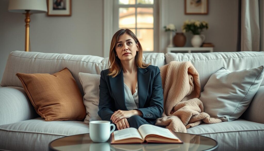An elegant woman sits on a cozy sofa in a softly lit room, embodying a sense of reflection as she contemplates the end of a relationship. Her expression is genuine and introspective, capturing the complexity of emotions involved in moving on. She wears professional business attire, adding a sense of empowerment to the scene. The foreground features a small coffee table with a steaming cup and an open journal, hinting at her journey of self-discovery. In the middle, soft pillows and a warm throw blanket create an inviting atmosphere. The background includes subtle décor of gentle colors, with a window allowing natural light to filter in and illuminate the intimate space. The overall mood is serene yet contemplative, emphasizing resilience and hope in the face of change.