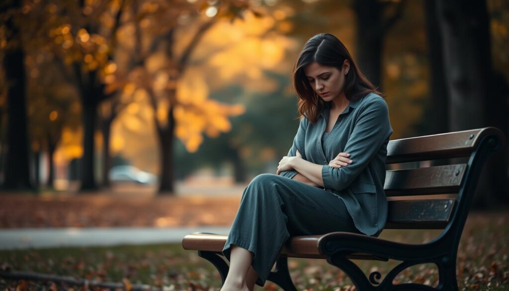 An elegant woman sitting alone on a park bench, her posture slumped slightly, conveying a sense of sadness and introspection. She is dressed in modest casual clothing, reflecting an authentic emotional expression on her face, as she gazes thoughtfully at the ground. Surrounding her, a softly blurred background of autumn foliage with warm, natural light filtering through the trees, creating a serene but melancholic atmosphere. The scene captures an intimate mood, emphasizing the feelings of loss and introspection associated with post-breakup depression. Shot with a shallow depth of field to focus on her while gently blurring the surroundings, evoking a sense of solitude and reflection. The overall aesthetic is editorial, inviting empathy from the viewer.