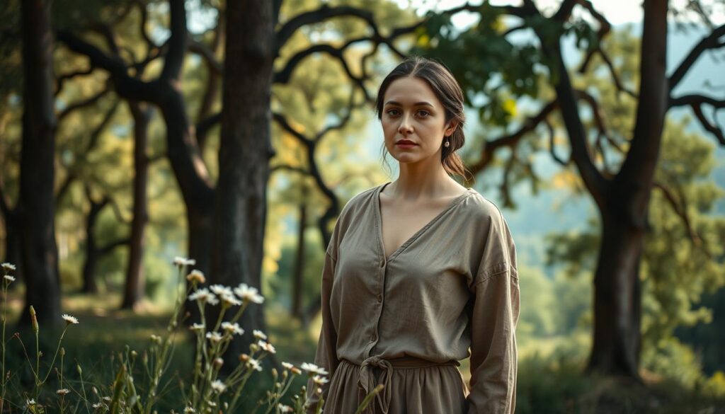 An elegant woman stands at the edge of a serene forest, embodying a sense of quiet strength amidst personal turmoil. She wears modest, casual clothing in soft, earthy tones that blend harmoniously with the surrounding nature. Her expression reflects a deep emotional journey, showcasing vulnerability and resilience. In the foreground, delicate wildflowers bloom, symbolizing rebirth and hope. The middle ground features tall, ancient trees with sunlight filtering through the leaves, casting gentle shadows and creating a warm, intimate atmosphere. The background reveals a soft, hazy landscape, evoking a sense of peace and contemplation. The scene is captured in natural light, with a slight depth of field to focus on the woman's authentic expression, conveying a mood of renewal and self-discovery.