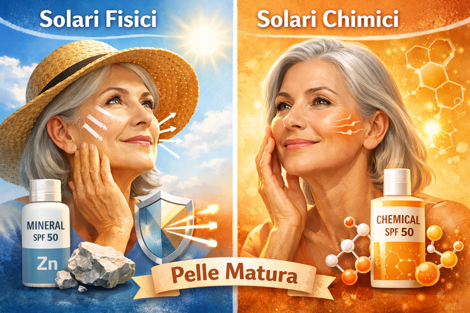 Qual è la reale differenza tra solari chimici e fisici per la pelle del viso di una donna matura?